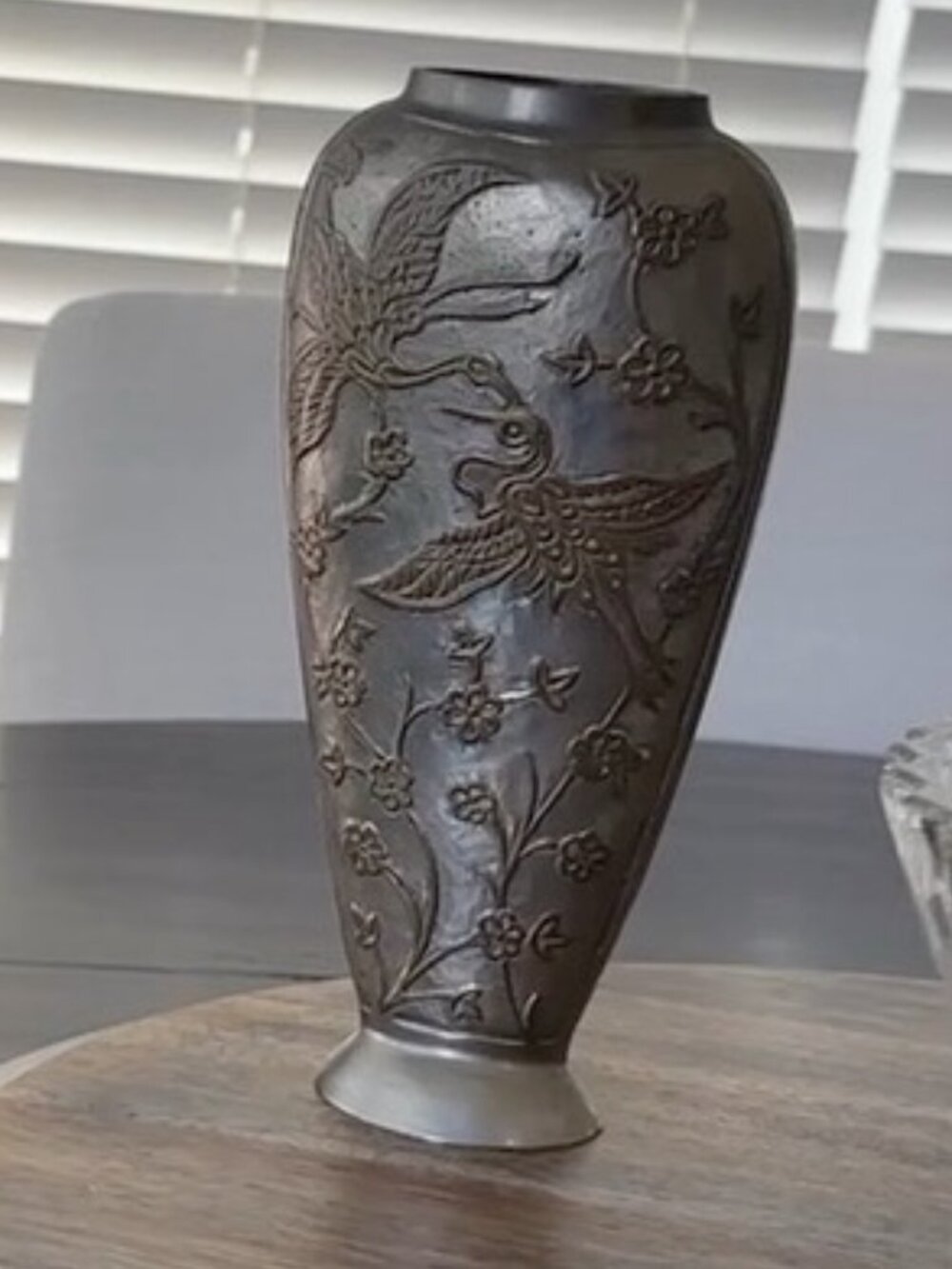 Vintage Solid Brass Indian Vase Raised Birds Floral Design